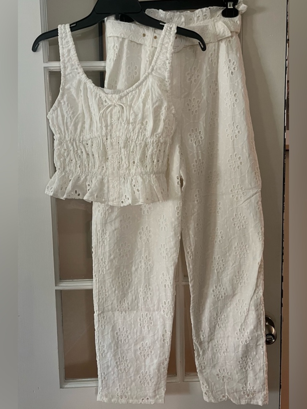Sabo Skirt White Eyelet Crop Tank and High-Waist Straight Leg Pants